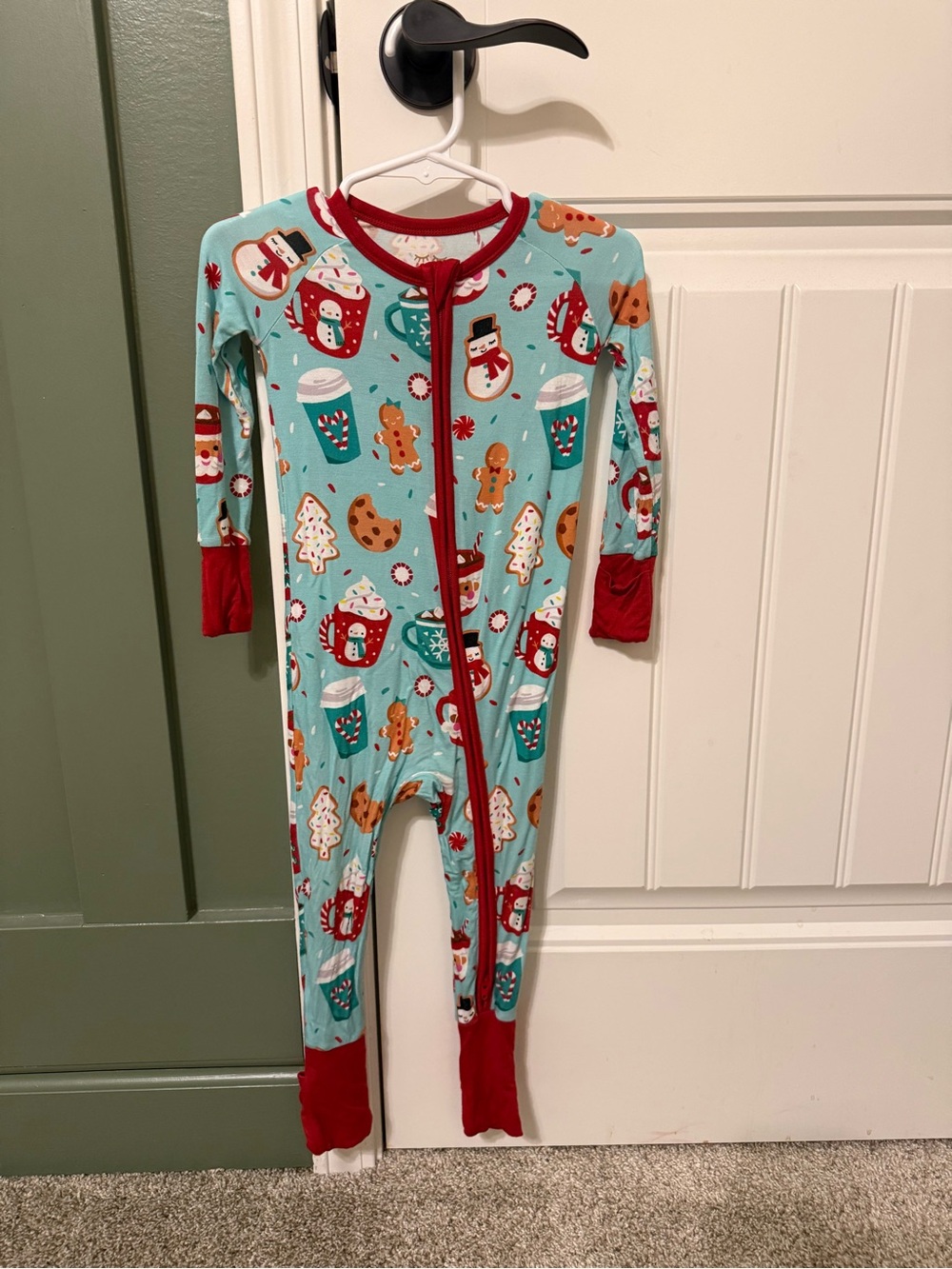 Kids Holiday Print One-Piece Pajamas - Mint with Red Trim